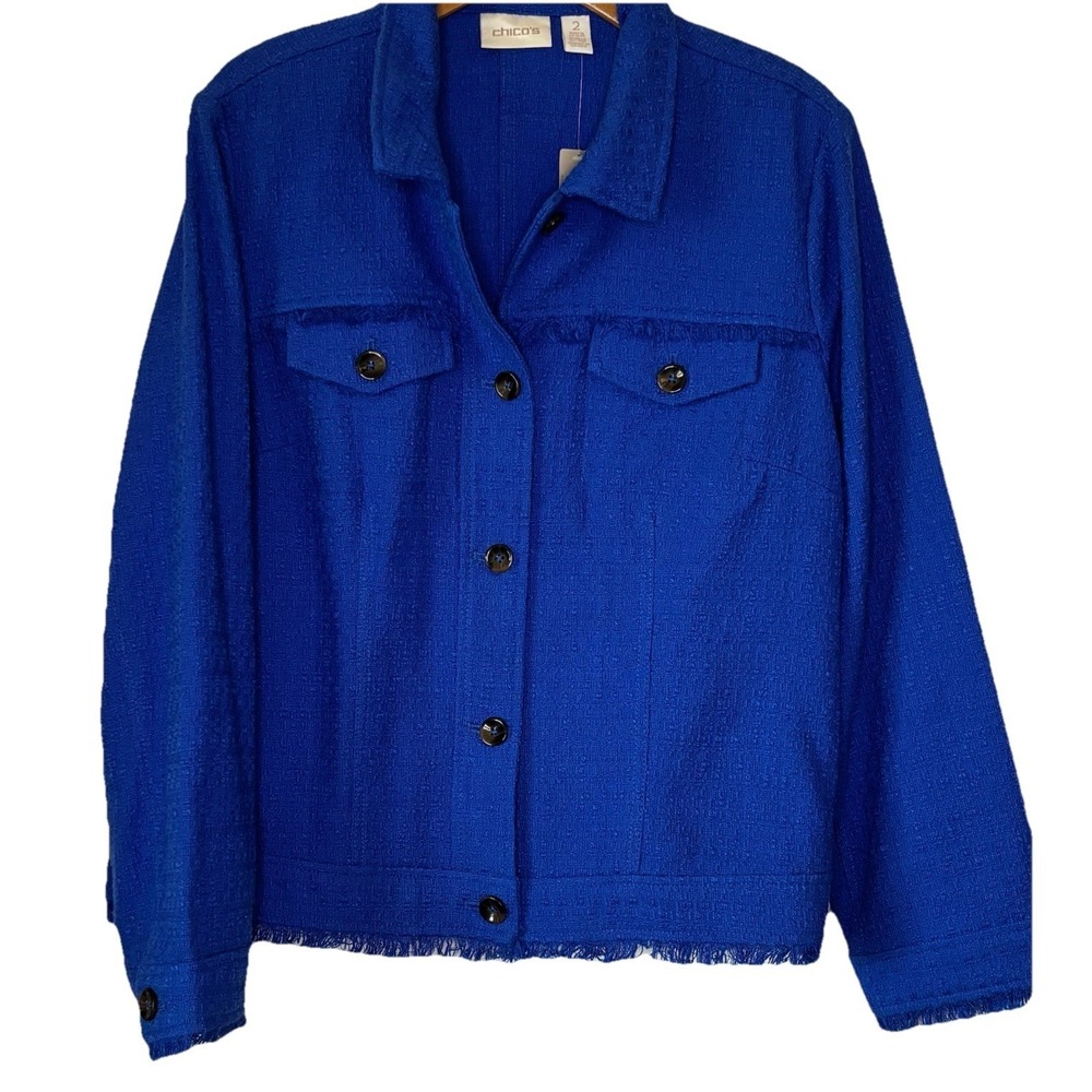Chicos 2 NEW Textured Jean Jacket US 12/LG Fringe Hem Enamel‎ Blue NWT Classic